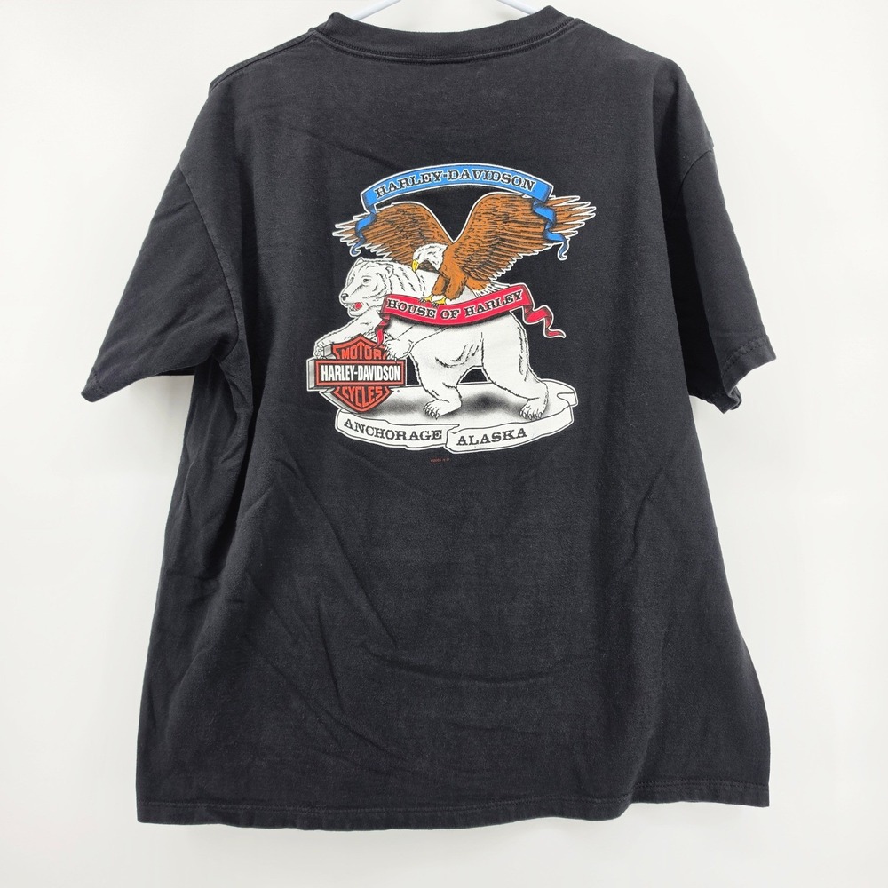 Y2K Harley Davidson Pocket T-Shirt Mens XL Black House of Harley Alaska USA VTG